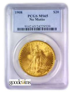 1908 No Motto $20 Double Eagle Saint Gaudens Gold PCGS MS65  