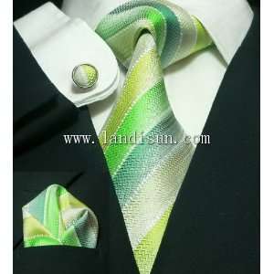  Landisun 39A Green Stripes Mens Silk Tie Set: Tie+Hanky 