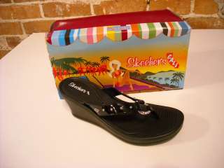 Skechers Kitty BLACK Studded JEWELED Thong Wedge SANDALS 9 NEW  