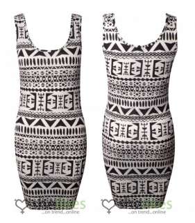Womens Ladies Aztec Tribal Print Black White Bodycon Stretch Long Vest 