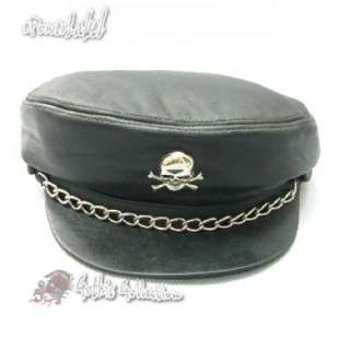 W509 New Black Leather w Steel Skull Chain Gatsby Flat Cap Hat Newsboy 