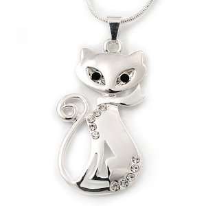   Diamante Cat Pendant Necklace   40cm Length & 4cm Extension Jewelry
