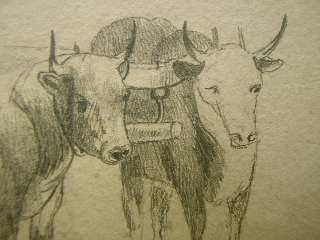 FINE ANTIQUE LINE DRAWING 1862 HAY CART AND YOKED OXEN  