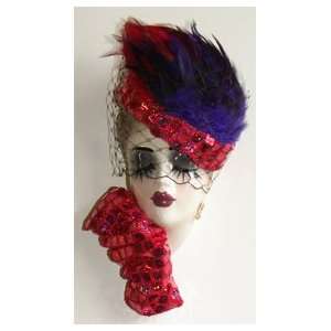  Lady Face Mask with Red Hat and Purple Feathers 
