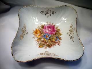 VINTAGE W & CO 90 PINK YELLOW ROSES BLUE FLOWERS SQUARE BOWL GOLD 