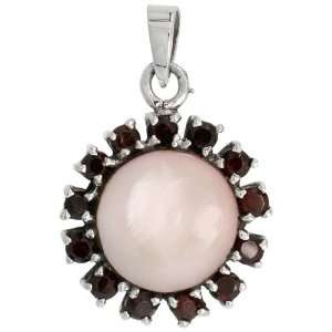 Sterling Silver Marcasite Cluster Pendant, w/ Round Cabochon 14 mm 