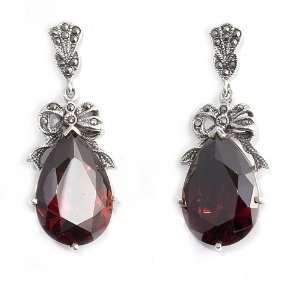 Drop Earrings with Marcasite, Garnet CZ and Sterling Silver   Size: 44 