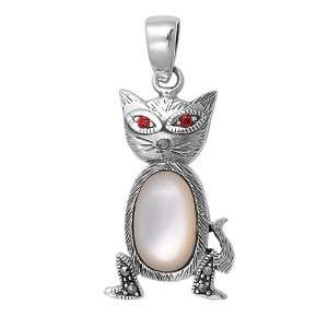   & Mother of Pearl/Ruby CZ Persian Cat Marcasite Pendant Jewelry