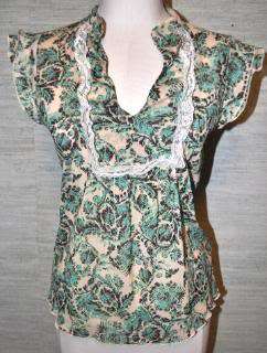 XOXO Ivory & Green Lace Trimmed Peasant Blosue Size M  