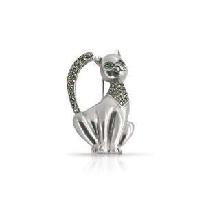    925 Sterling Silver Marcasite & Emerald Cat Brooch: Jewelry