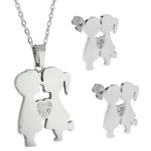   Steel High Shine Boy and Girl Kissing With CZ Pendant and Earrings Set