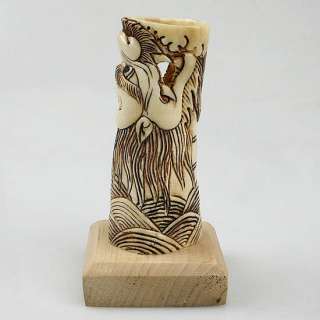Wood OX Bone Carving Dragon Figure Pencil Pen Holder  