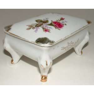  Vintage Porcelain Trinket Box W/Moss Rose Pattern & Gold 