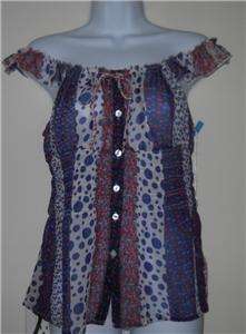 Red /White/Blue Print Ruffle Empire Sheer Smock Top M  