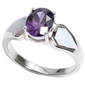 Sterling Silver 8mm Amethyst & White Lab Opal Ring (Size 6   9)   Size 