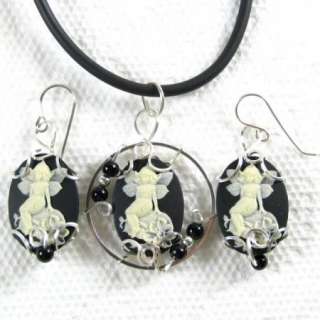 Fairy Cameo Pendant / Earrings Sterling Silver Onyx  