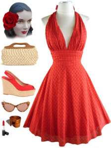 50s Style RED EYELET Marilyn Bombshell HALTER Dress  