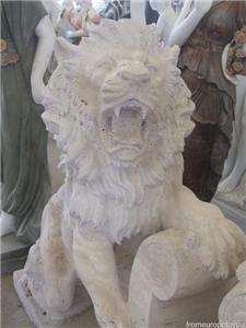 PAIR OF CARVED TRAVERTINE HAND CARVED LIONS GB26  
