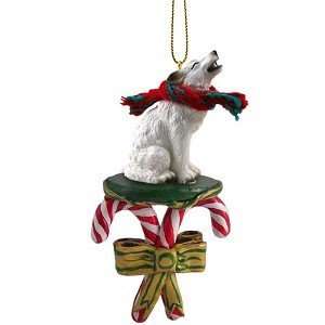  White Wolf Candy Cane Christmas Ornament