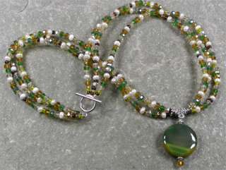 YELLOW GREEN AGATE & CRYSTAL & PEARLS 3ROW NECKLACE  