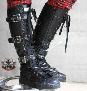 Punk EMO 3 BUCKLE STRAP Knee Hi boots FAUX LEATHER LARP  