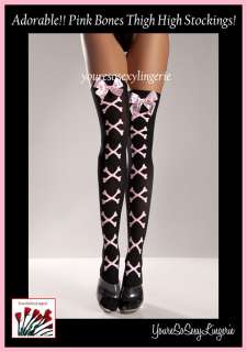 Opaque CROSSBONES THIGH HIGH STOCKINGS~Skull Pink Bows  
