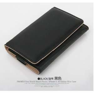 Iphone 4 4s Leather Wallet Case Cover BLACK Cell Phones 