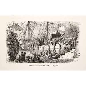 1875 Woodcut Boston Tea Party American Revolution Harbor Boat Tariff 