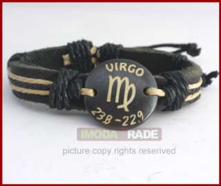 B039 Zodiac Virgo OX Bone Leather Bracelet Surfer Cuff  