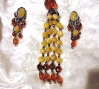 Vintage Butterscotch Swirl Amber Bead Necklace Earrings  