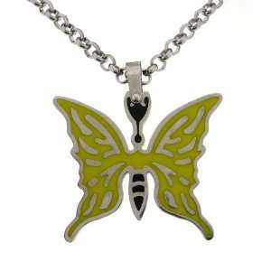 Womens Stainless Steel Black and Yellow Enamel Butterfly Pendant, 18