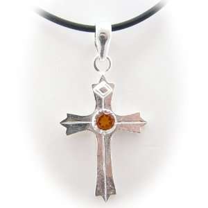 Sterling Silver Cross Orange CZ Pendant Rubber Cord Necklace 20 Inch