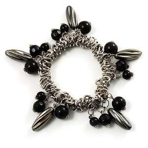  Silver Tone Link Bead Charm Flex Bracelet (Black): Jewelry