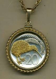 Kiwi Gold on Silver Coin Pendant Necklace Jewelry  