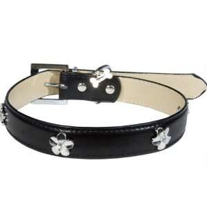 Designer Dog Collar   Leather Collar with Flower Studs   Black   XX 