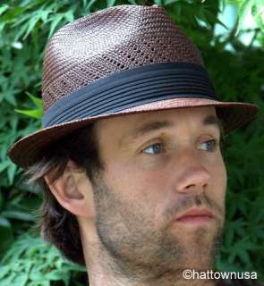   Panama Straw Hat Short Stingy Brim Fedora Ventilated Dark Brown  