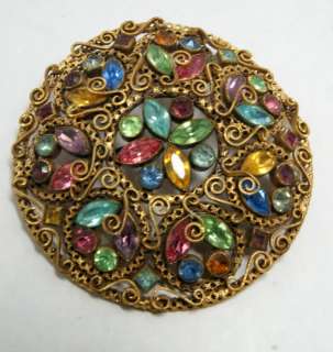 Vintage Unsigned Multi Color Rhinestone Domed Pin Brooch  