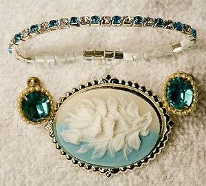 vintage jewelry set pin brooch pendant bracelet glass crystal earrings 
