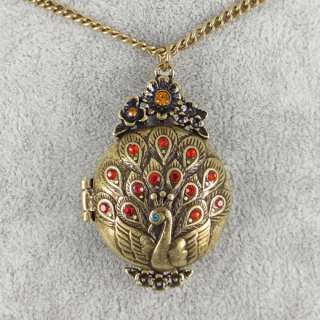 Vintage Antique Bronze Peacock Locket Pendants Necklace.  