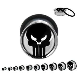   )   Pair of Single Flared Steel Punisher Skull Logo Tunnels: Jewelry
