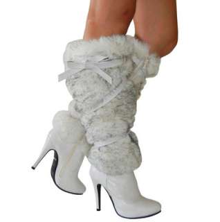   Faux Fur Double Wrapped Straps Knee High Heel Boots Off White  