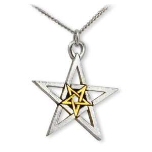 Double Pentagram Silver and Gold Pendant Necklace: Jewelry