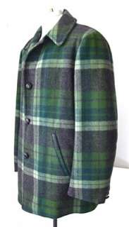   Mens Green Gray Plaid Wool Stadium Barn Car Top Coat Quilted Lining L