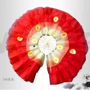 Belly dance Chinese bamboo round circle shape red Fan veil mixed silk 