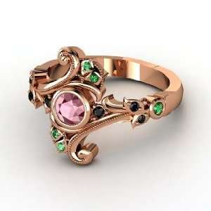 : Flamenco Ring, Round Rhodolite Garnet 14K Rose Gold Ring with Black 