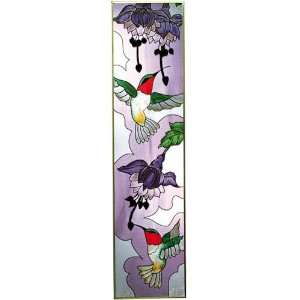 Hummingbirds Ruby Throated (Contemporary) Vertical Art Glass Panel 