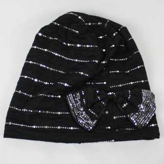 BLACK SILVER SEQUINED BOW SLOUCHY BEANIE HAT HATS (HT003)  