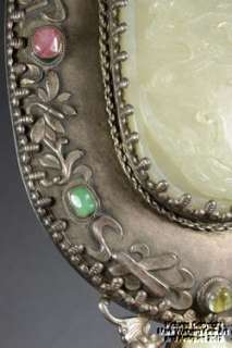   Nephrite Jade Plaque & Belt Hook Mounted in Silver Hand Mirror  
