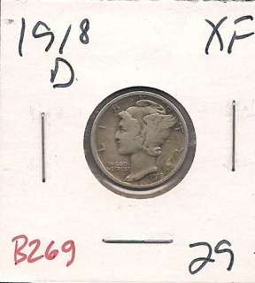 1918 D Mercury Dime Ten Cent Extra Fine B269  