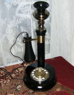   ANTIQUE WOOD BRASS CANDLESTICK ROTARY DIAL PHONE TELEPHONE OLD  